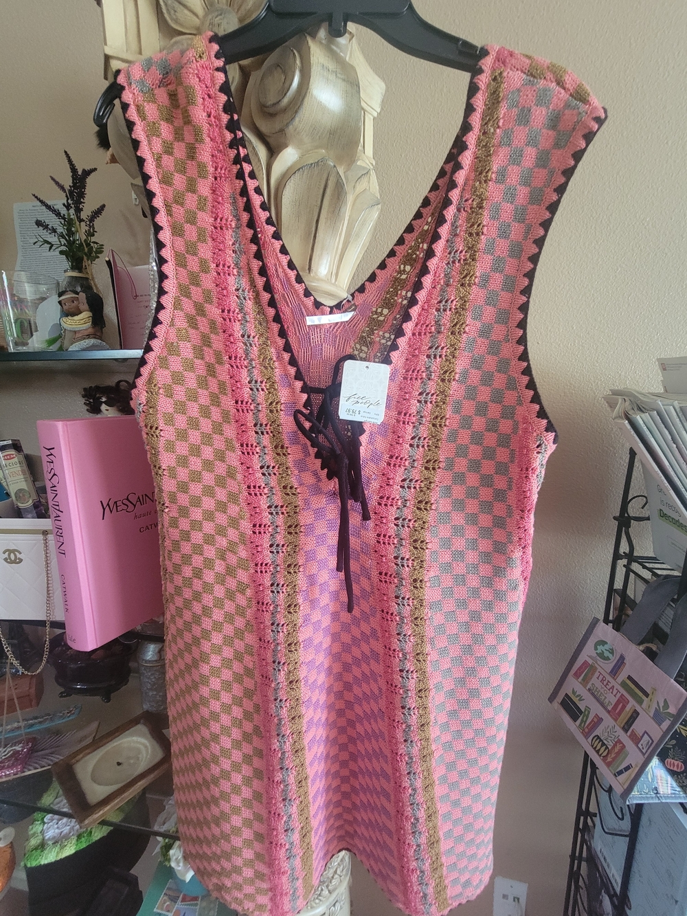 Free People Sleeveless Pink Crochet Knit Tank Dress with Lace-Up Detail